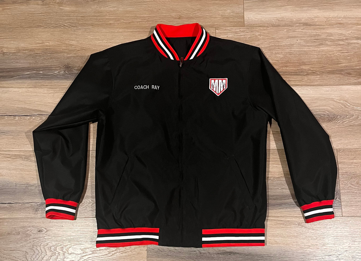 MM Custom Black Red-White Varsity Full-Zip Letterman Bomber Jacket/Youth, WM and Men's