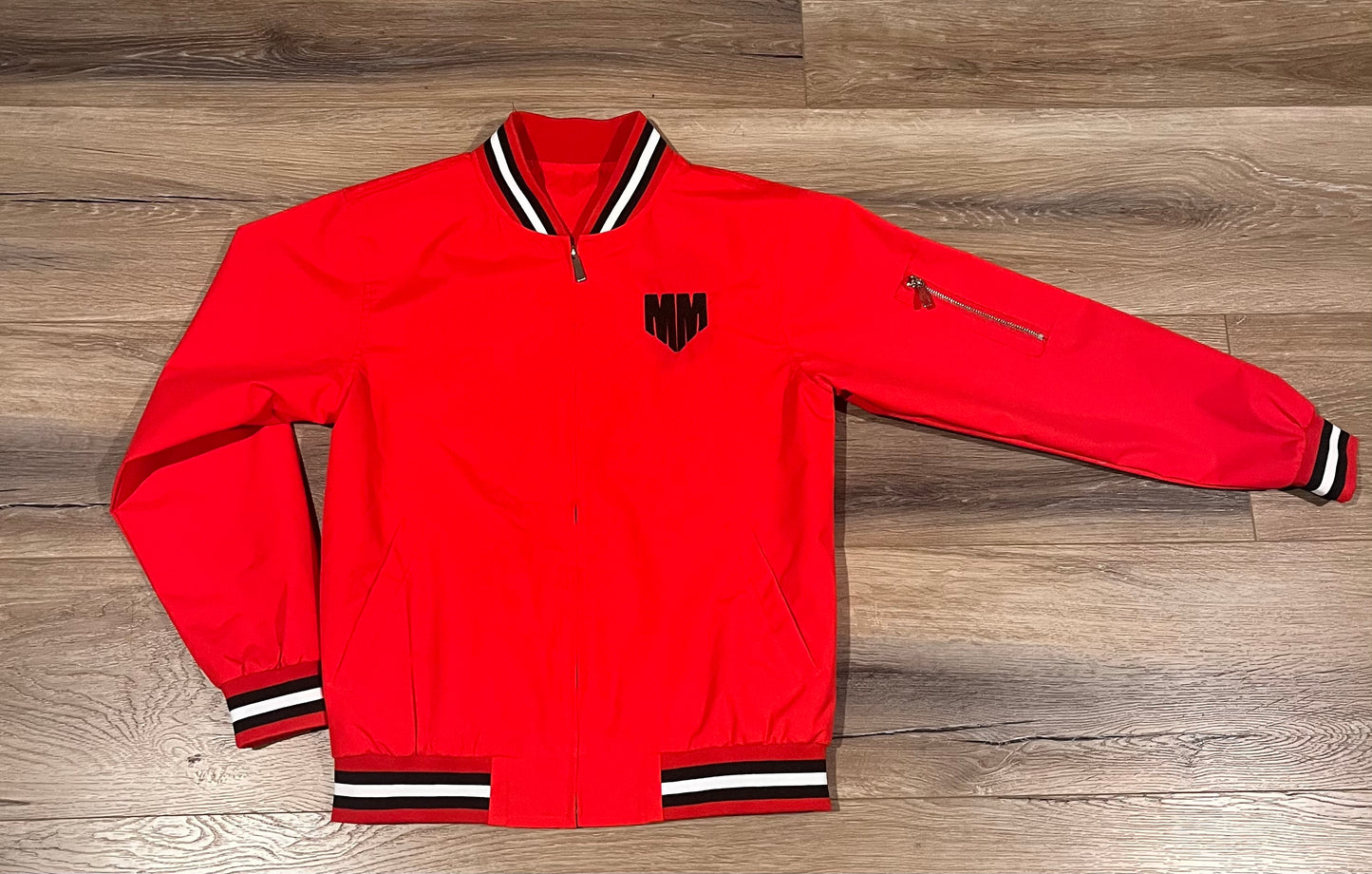 MM Custom Red Black-White Varsity Full-Zip Letterman Bomber Jacket/Youth, WM and Men's