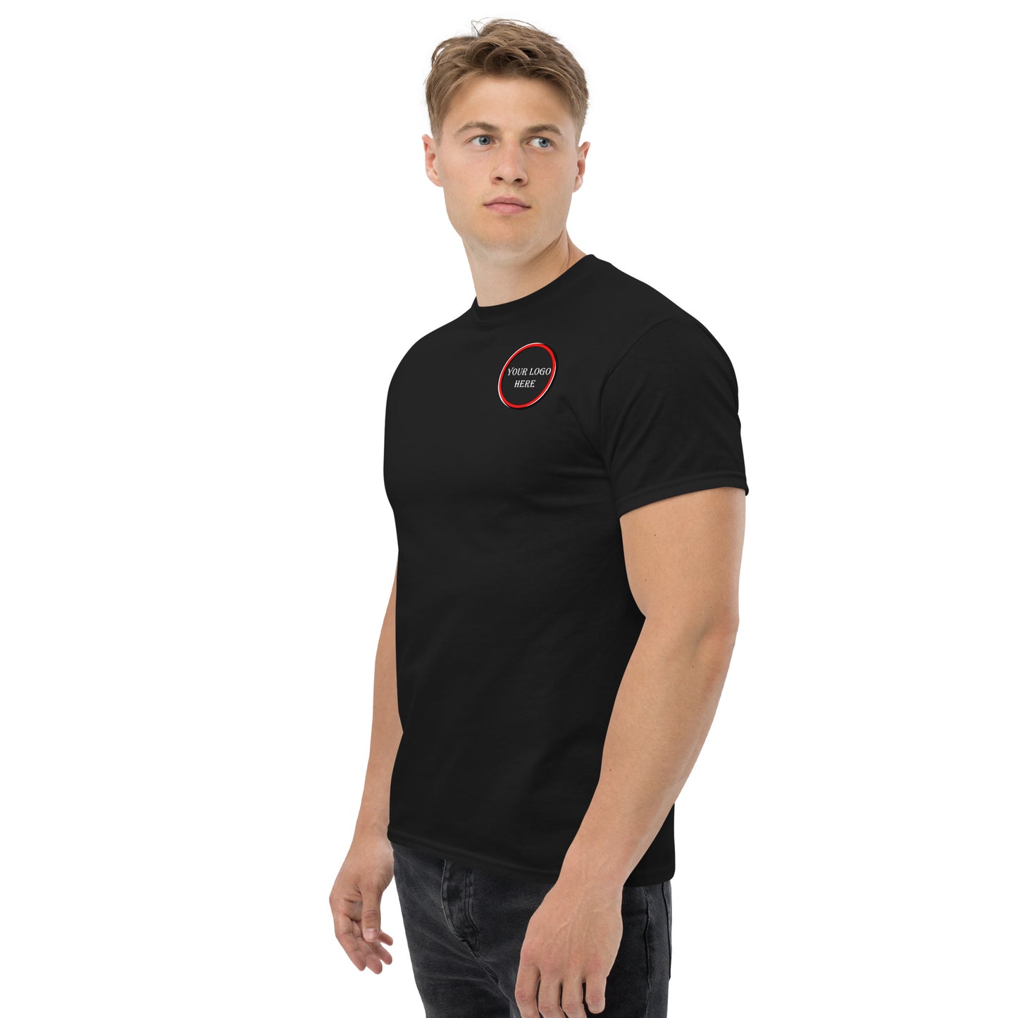 Men's classic tee customizable logo, front and back.