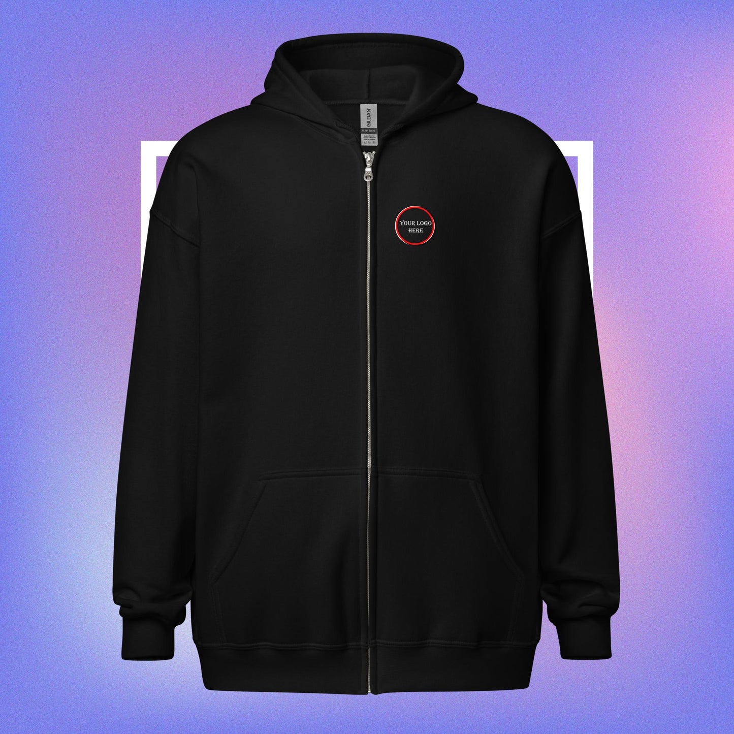 Unisex heavy blend zip hoodie, customizable logo, front and back.