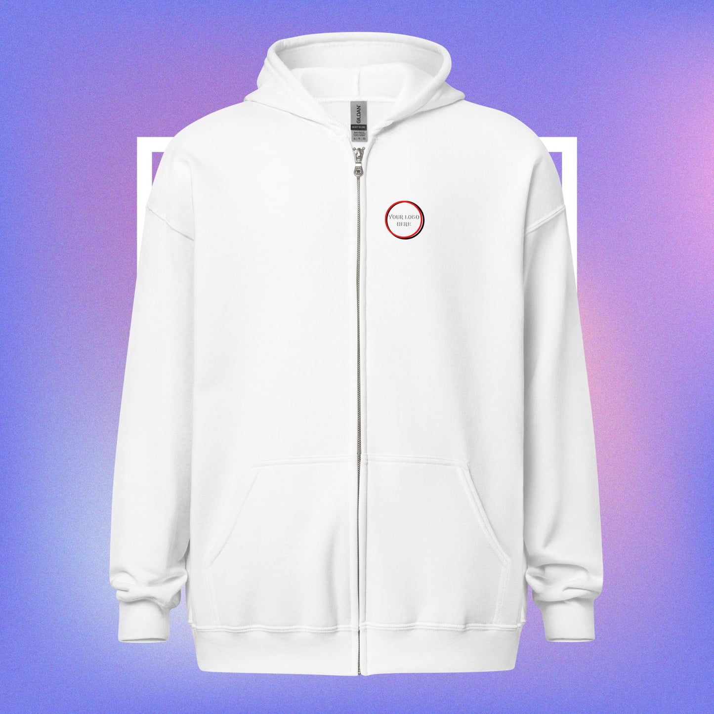 Unisex heavy blend zip hoodie, customizable logo, front and back.