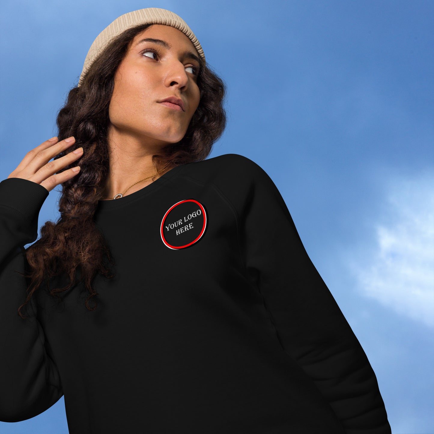 Unisex organic raglan sweatshirt, customizable logo, front and back.