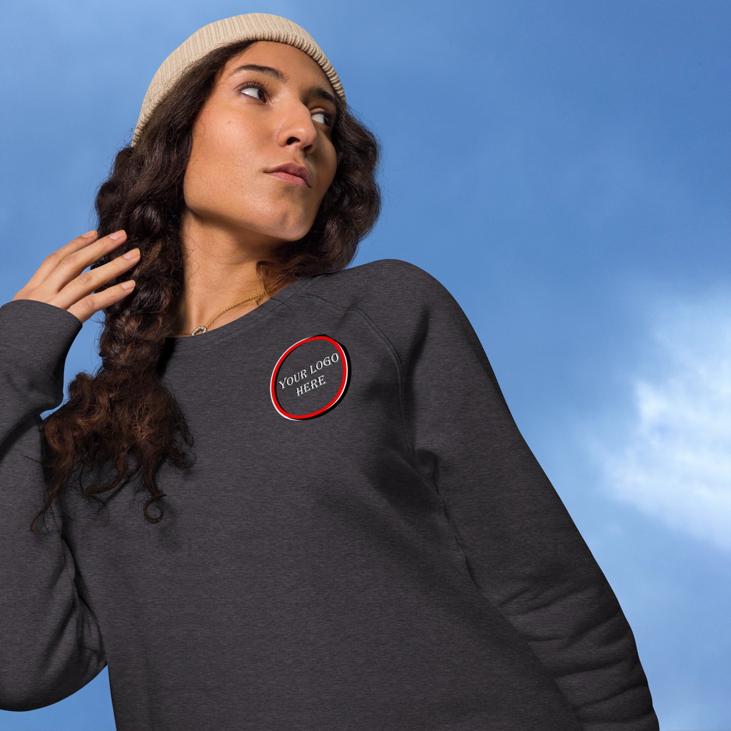 Unisex organic raglan sweatshirt, customizable logo, front and back.