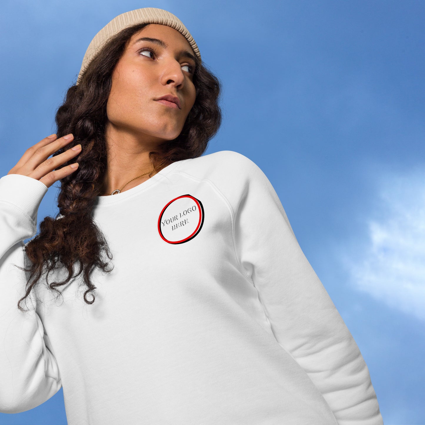 Unisex organic raglan sweatshirt, customizable logo, front and back.